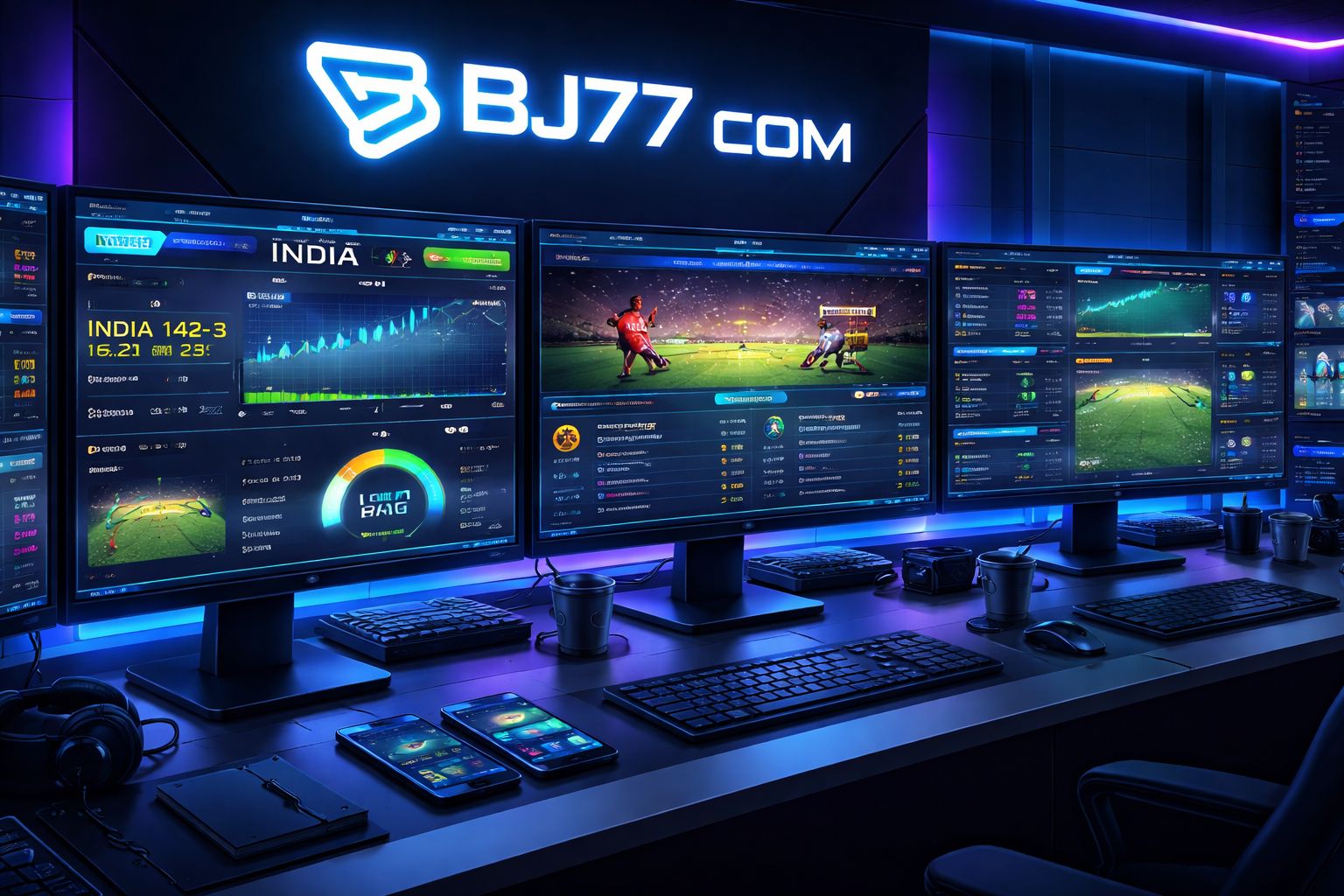 BJ77 COM ইন-প্লে বাজি কনসোল যা লাইভ ক্রিকেট এবং ফুটবল স্কোরবোর্ড দেখাচ্ছে